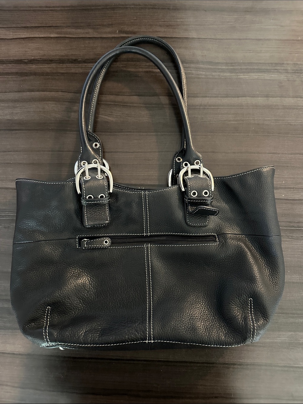 Classic Black Leather Tote with Silver Buckle Accents